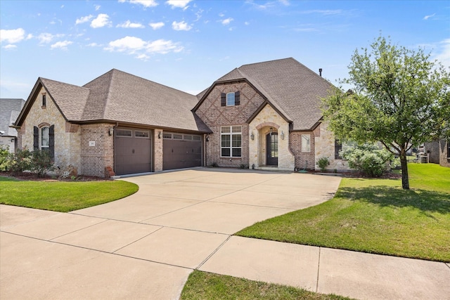 french country home featuring brick siding, an attached garage, stone siding, and concrete driveway