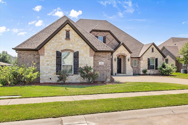 french country inspired facade featuring stone siding, brick siding, and a front yard
