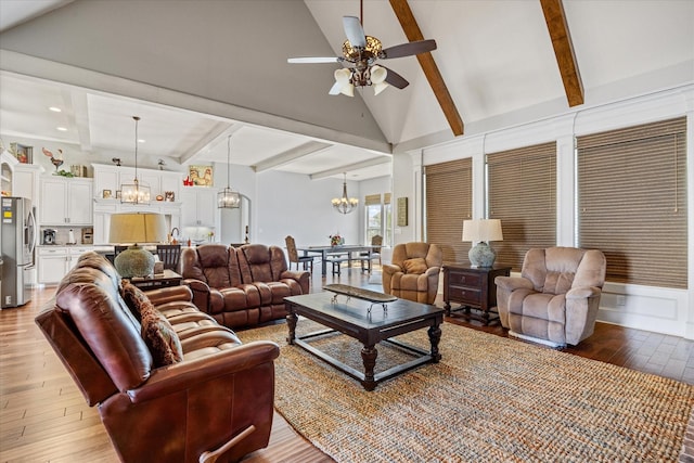 living room featuring recessed lighting, light wood finished floors, beamed ceiling, high vaulted ceiling, and ceiling fan with notable chandelier