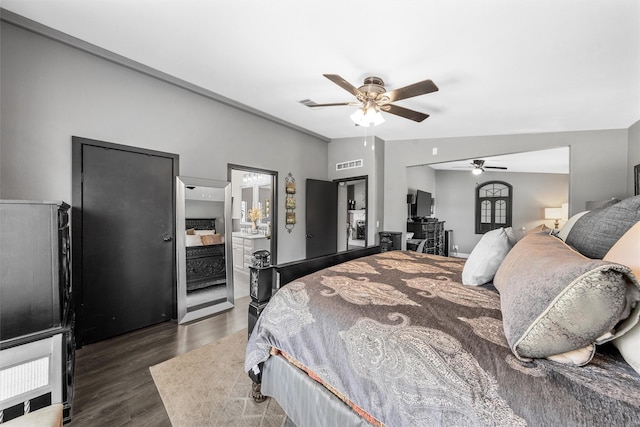 bedroom with a ceiling fan, visible vents, and dark wood-style flooring