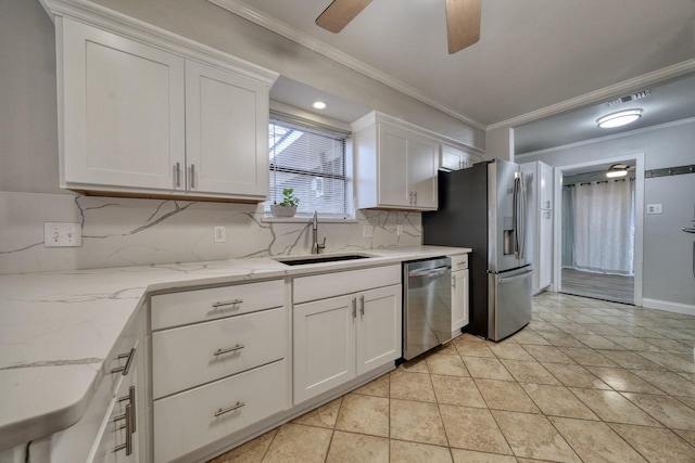 1208 Lake Cross Rd, Hideaway, TX 75771 - kitchen featuring white cabinets, stainless steel appliances, a sink, crown molding, and decorative backsplash