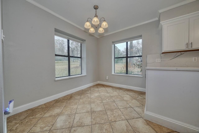 1208 Lake Cross Rd, Hideaway, TX 75771 - unfurnished dining area featuring light tile patterned floors, baseboards, ornamental molding, and an inviting chandelier