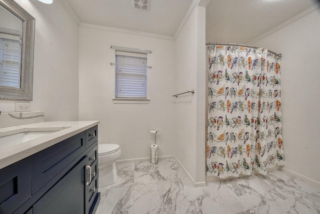1208 Lake Cross Rd, Hideaway, TX 75771 - full bathroom featuring crown molding, a shower stall, marble finish floor, and toilet