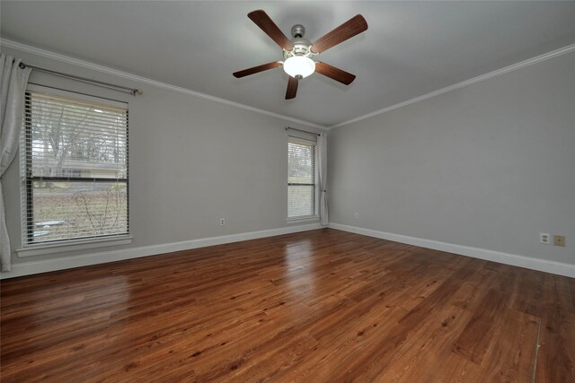 1208 Lake Cross Rd, Hideaway, TX 75771 - empty room featuring ceiling fan, baseboards, ornamental molding, and wood finished floors