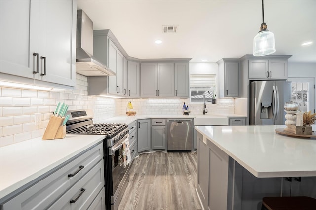 kitchen featuring visible vents, wall chimney exhaust hood, stainless steel appliances, and gray cabinetry