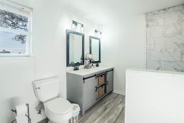 bathroom with double vanity, wood finished floors, toilet, and a sink