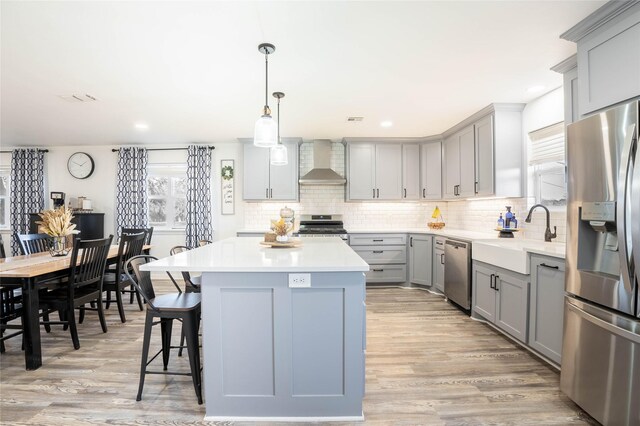 kitchen featuring stainless steel appliances, backsplash, a sink, wall chimney exhaust hood, and gray cabinetry