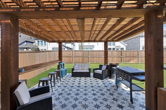 view of patio / terrace with a pergola, outdoor lounge area, and a fenced backyard