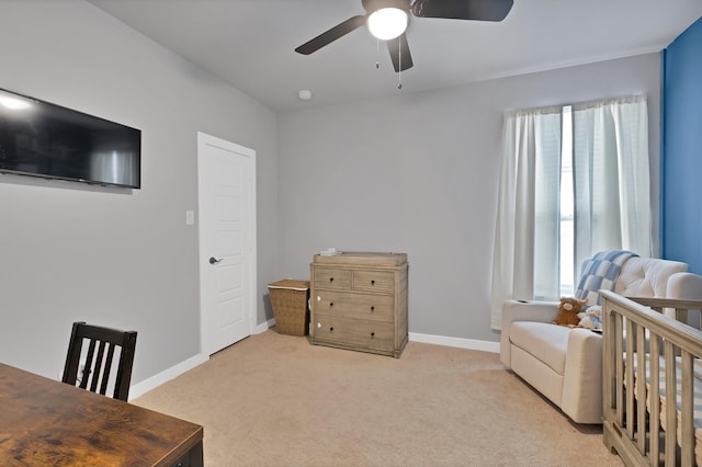 1373 Silverthorn Trl, Justin, TX 76247 - carpeted bedroom with baseboards, a ceiling fan, and a crib