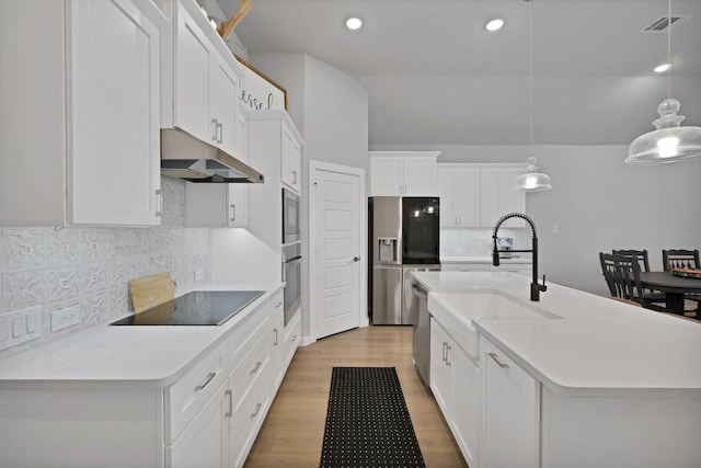 kitchen featuring a sink, light wood-type flooring, light countertops, under cabinet range hood, and appliances with stainless steel finishes
