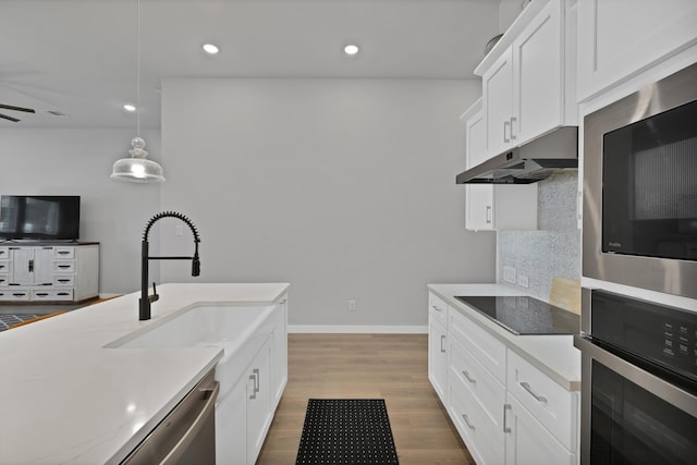 kitchen featuring stainless steel appliances, light countertops, under cabinet range hood, and a sink