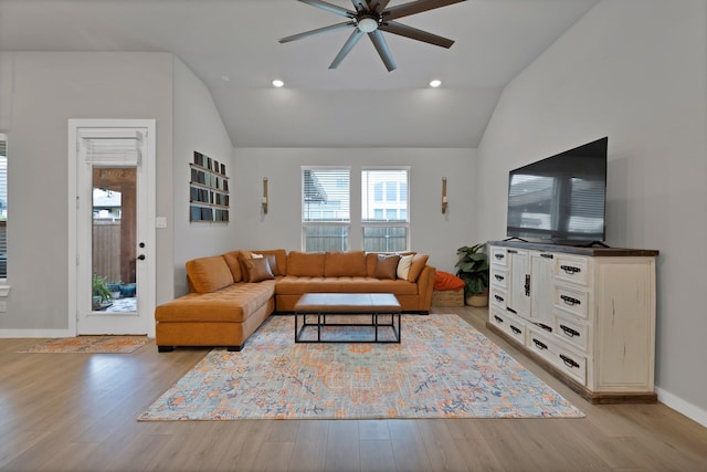 1373 Silverthorn Trl, Justin, TX 76247 - living area with ceiling fan, lofted ceiling, plenty of natural light, light wood-style floors, and recessed lighting