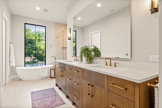 full bathroom featuring double vanity, visible vents, and a sink
