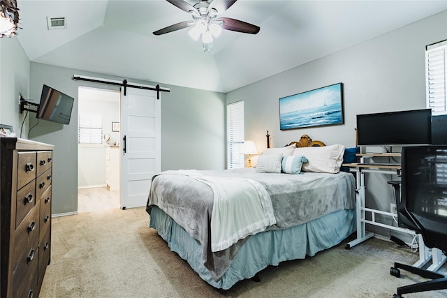 511 Kamber Ln, Wylie, TX 75098 - bedroom with a barn door, carpet flooring, a ceiling fan, and vaulted ceiling