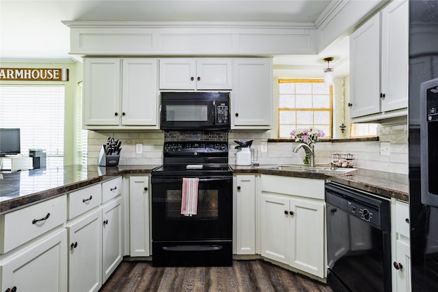 511 Kamber Ln, Wylie, TX 75098 - kitchen featuring black appliances, a sink, white cabinetry, decorative backsplash, and ornamental molding