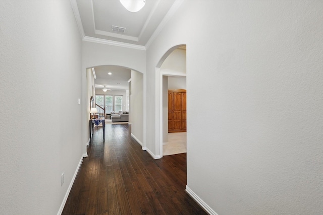 1325 Zanna Grace Way, Fort Worth, TX 76052 - hallway with dark wood-type flooring, arched walkways, baseboards, and ornamental molding