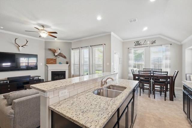 1325 Zanna Grace Way, Fort Worth, TX 76052 - kitchen with open floor plan, a sink, a fireplace, a ceiling fan, and light stone countertops