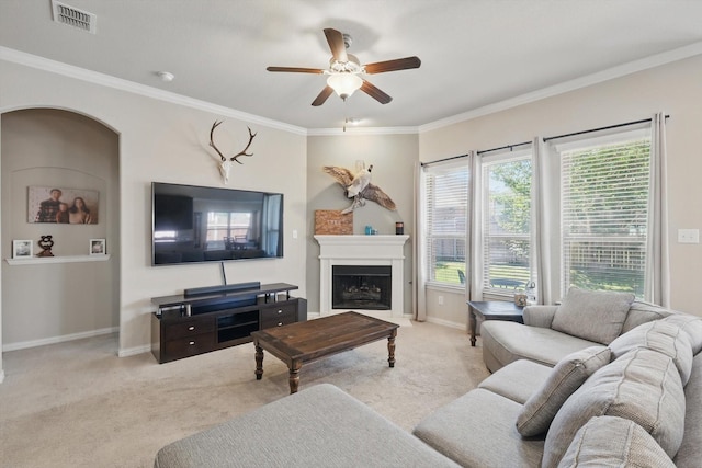 1325 Zanna Grace Way, Fort Worth, TX 76052 - carpeted living room featuring ceiling fan, a fireplace, ornamental molding, and baseboards