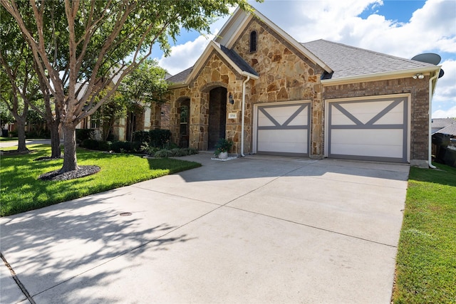 traditional-style house with a front lawn, driveway, stone siding, a shingled roof, and an attached garage