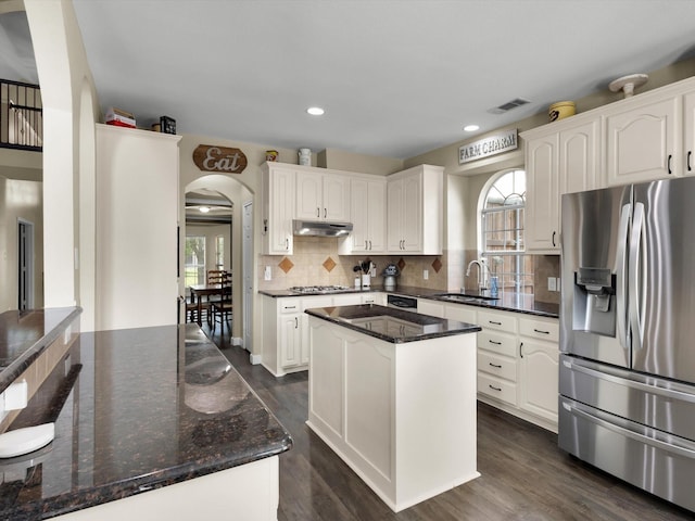 1803 Timber Ridge Dr, Frisco, TX 75036 - kitchen featuring appliances with stainless steel finishes, a sink, under cabinet range hood, arched walkways, and dark wood-style flooring