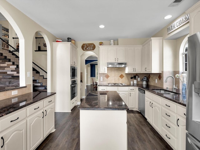 1803 Timber Ridge Dr, Frisco, TX 75036 - kitchen with a sink, under cabinet range hood, appliances with stainless steel finishes, dark stone counters, and decorative backsplash