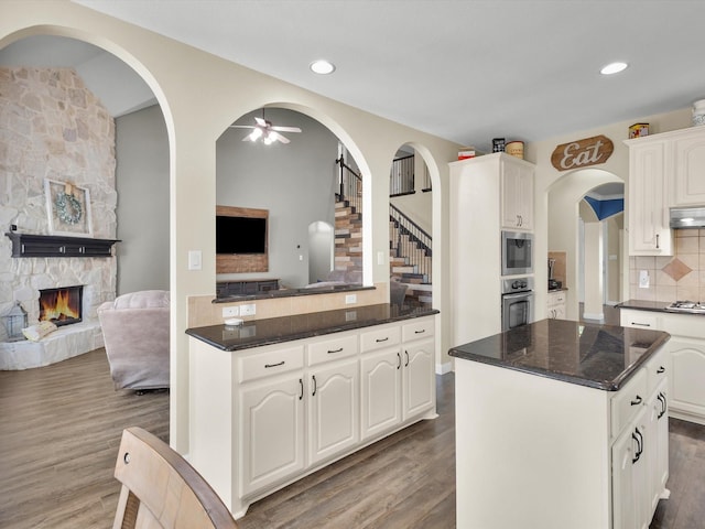 1803 Timber Ridge Dr, Frisco, TX 75036 - kitchen with open floor plan, stainless steel appliances, a ceiling fan, a fireplace, and wood finished floors