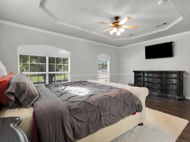 1803 Timber Ridge Dr, Frisco, TX 75036 - bedroom with a raised ceiling, wood finished floors, ceiling fan, and crown molding