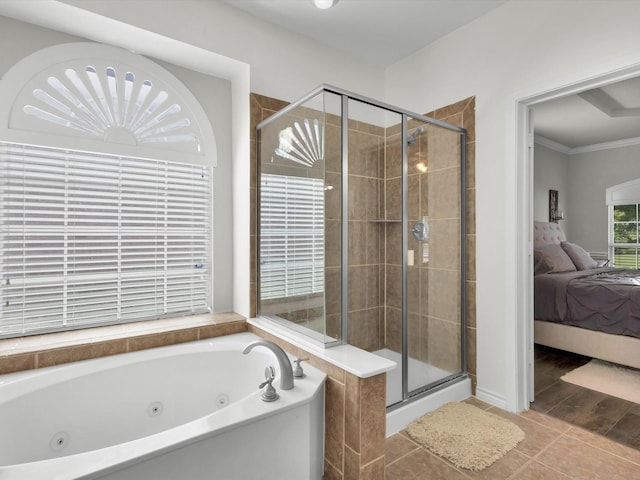 1803 Timber Ridge Dr, Frisco, TX 75036 - ensuite bathroom with a tub with jets, a shower stall, ornamental molding, and tile patterned flooring