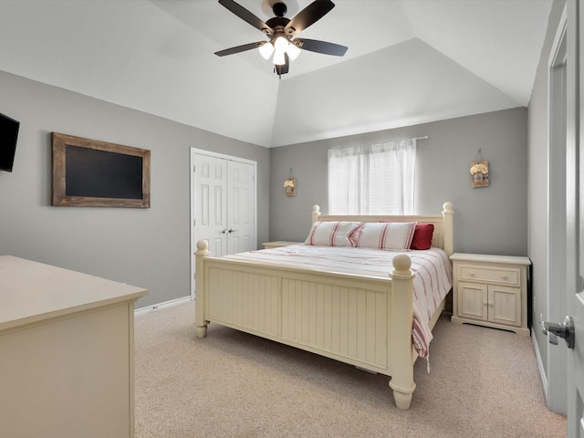 1803 Timber Ridge Dr, Frisco, TX 75036 - bedroom with light carpet, vaulted ceiling, ceiling fan, a closet, and baseboards