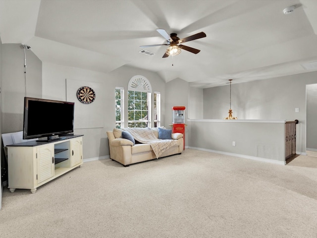 1803 Timber Ridge Dr, Frisco, TX 75036 - living room with light carpet, baseboards, vaulted ceiling, and ceiling fan