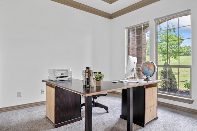 office area with baseboards, carpet flooring, ornamental molding, and plenty of natural light