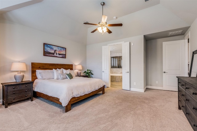 4011 Hollywood Park Ct, Celina, TX 75009 - bedroom with light colored carpet, baseboards, vaulted ceiling, ensuite bath, and ceiling fan