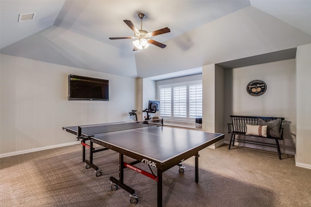 4011 Hollywood Park Ct, Celina, TX 75009 - rec room with carpet floors, ceiling fan, vaulted ceiling, and baseboards