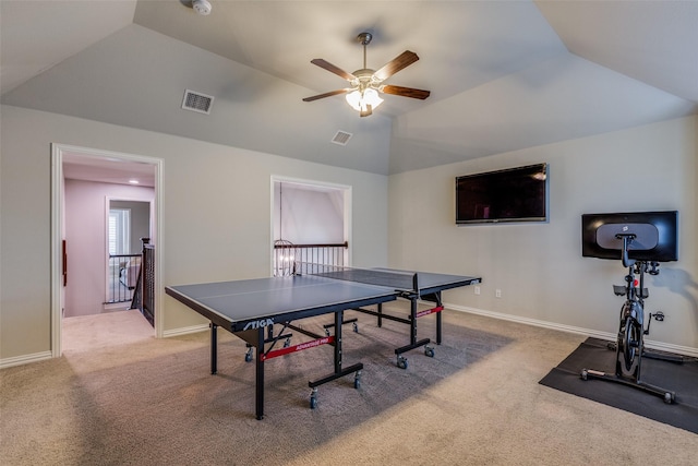 4011 Hollywood Park Ct, Celina, TX 75009 - game room with a ceiling fan, carpet flooring, vaulted ceiling, and baseboards