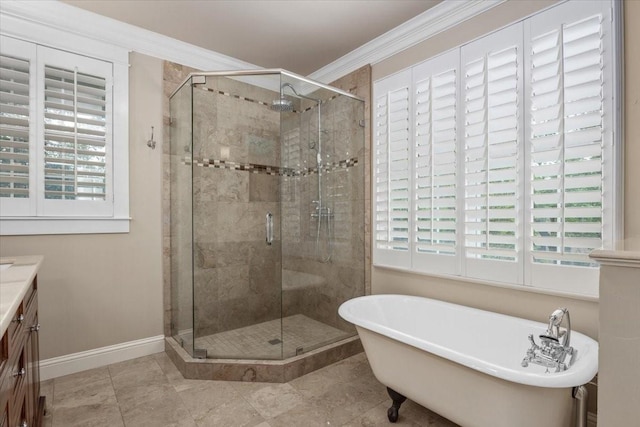 bathroom with a stall shower, vanity, plenty of natural light, and ornamental molding