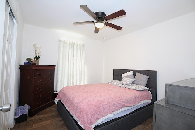 710 Longbeach Dr, Garland, TX 75043 - bedroom with a ceiling fan and dark wood-style flooring
