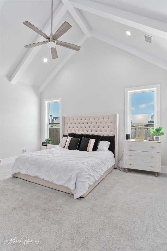 carpeted bedroom featuring recessed lighting, visible vents, beam ceiling, and ceiling fan