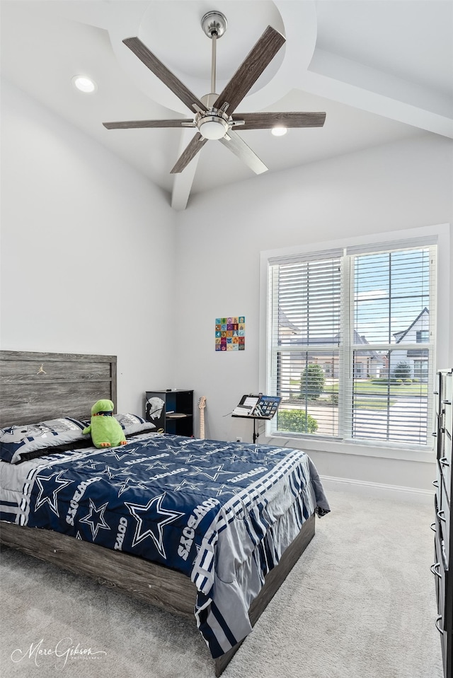 carpeted bedroom featuring recessed lighting, a ceiling fan, and baseboards