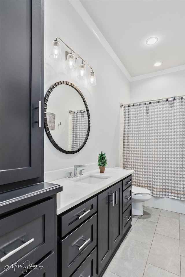 full bathroom featuring recessed lighting, crown molding, vanity, and toilet