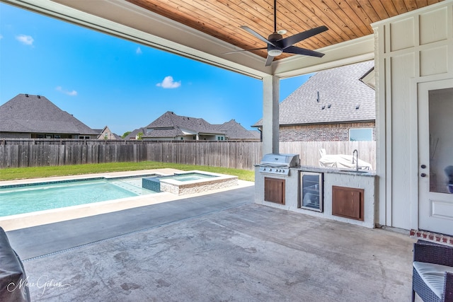 exterior space featuring grilling area, a ceiling fan, a fenced backyard, and area for grilling