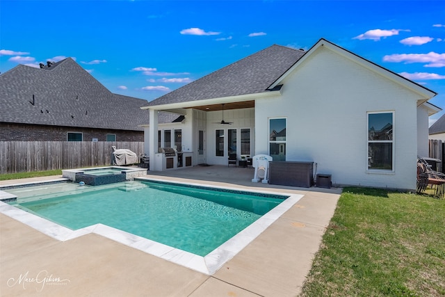 view of pool featuring a grill, a fenced backyard, ceiling fan, a patio, and a pool with connected hot tub