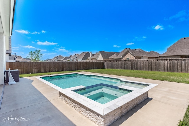 view of swimming pool with a lawn, a fenced backyard, a patio area, and a residential view
