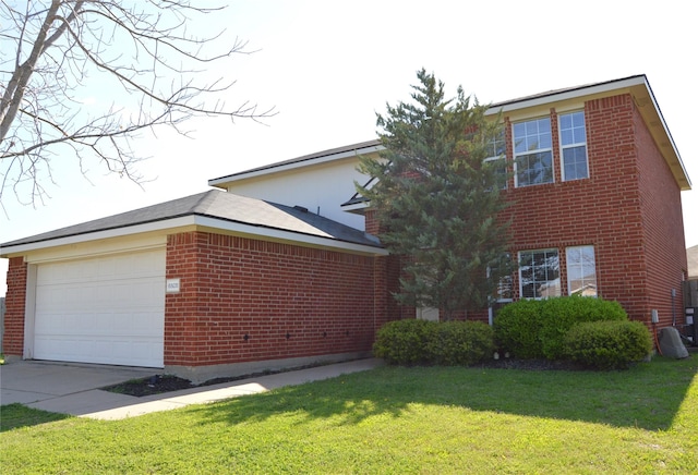 traditional-style home featuring concrete driveway, a front lawn, brick siding, and a garage