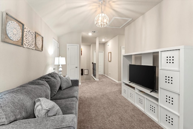 3912 Burks Ct, Celina, TX 75009 - living area with carpet, a chandelier, and lofted ceiling