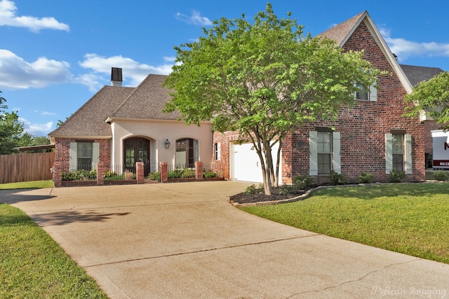 view of front of home featuring a front lawn, a chimney, concrete driveway, fence, and a garage