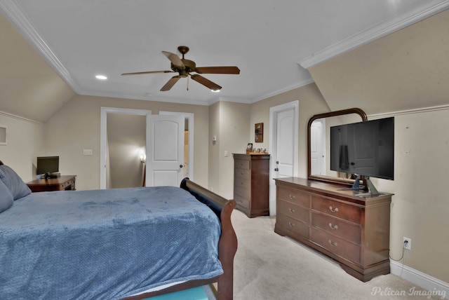 bedroom with recessed lighting, crown molding, a ceiling fan, and light carpet