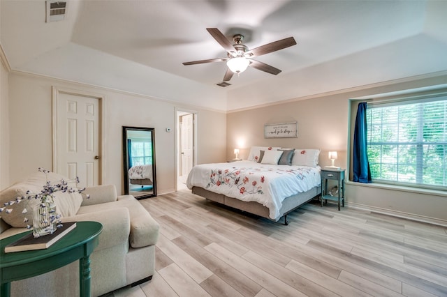 300 Dove Crk, Mckinney, TX 75071 - bedroom with a raised ceiling, ceiling fan, light wood-style flooring, and visible vents