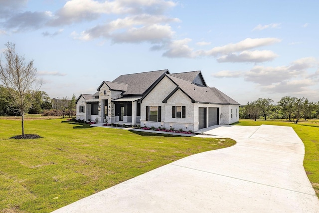 737 Burr Oak Ln, Weatherford, TX 76085 - modern inspired farmhouse featuring an attached garage, stone siding, a front yard, and concrete driveway