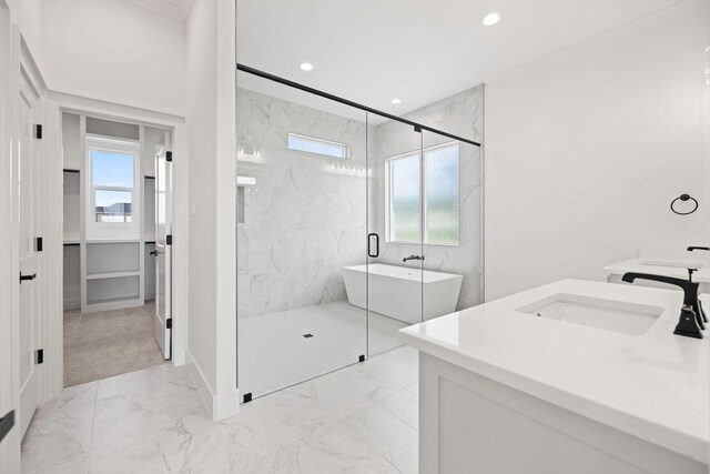 737 Burr Oak Ln, Weatherford, TX 76085 - bathroom with a marble finish shower, baseboards, recessed lighting, marble finish floor, and vanity