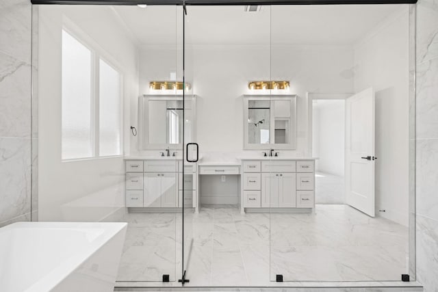 737 Burr Oak Ln, Weatherford, TX 76085 - full bath featuring marble finish floor, crown molding, a freestanding tub, and a sink